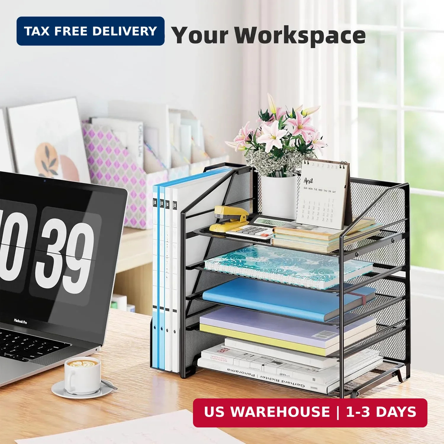 Simple Trending 5-Tier Desk File Organizer with Side File Shelf, Black | 15.4″L