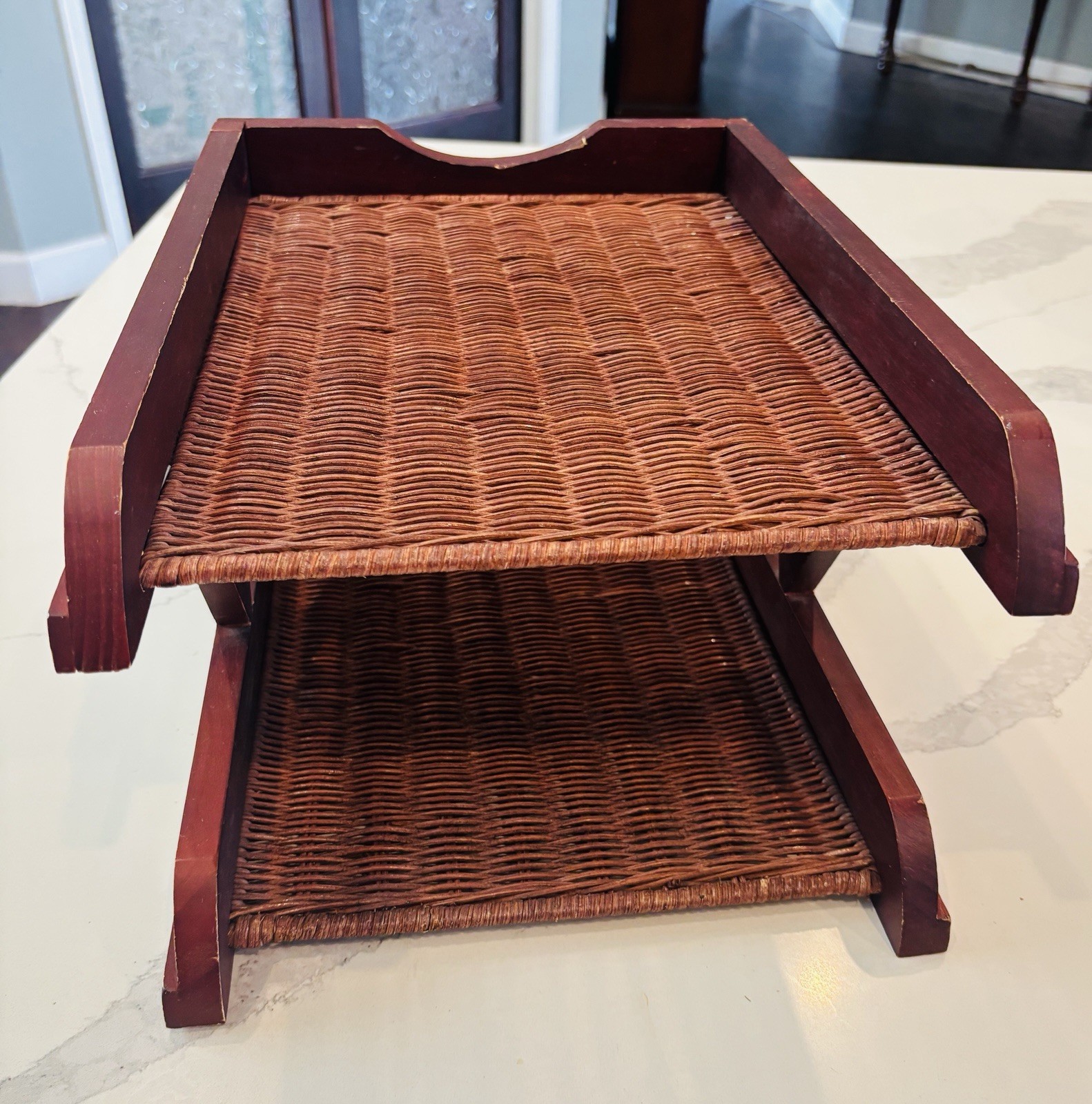 Vintage Wood Letter Tray Desk Organizer Woven Rattan 2 Tier Office Holder 15×11”