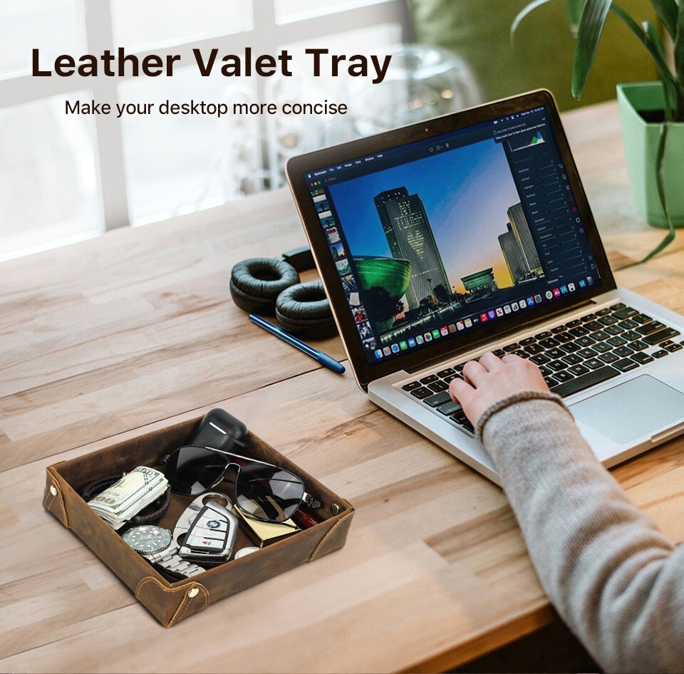 Genuine Leather Storage Tray Valet Tray Desktop Organizer For Keys Cable Sundry