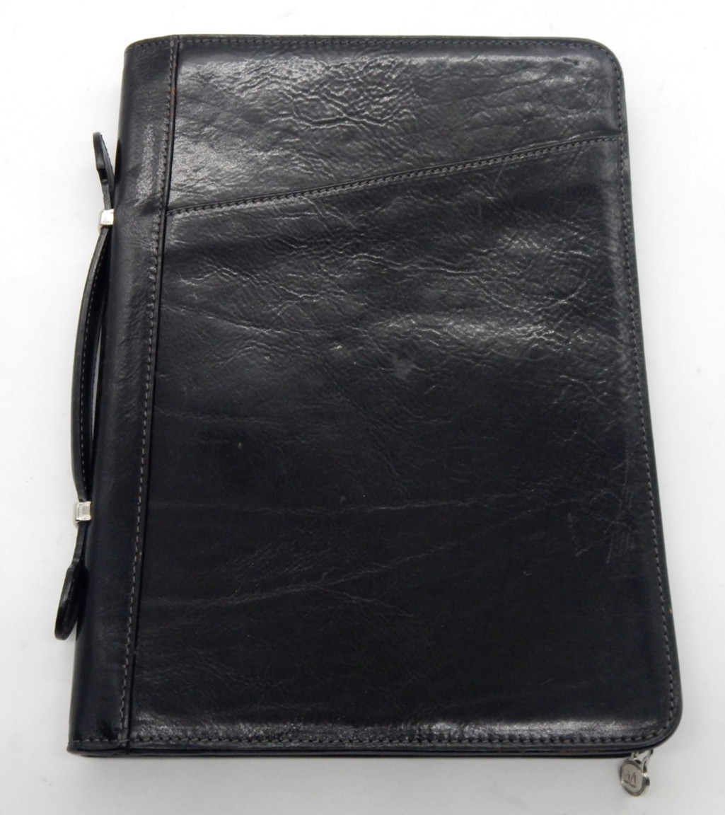 Vintage Italian Black Leather Portfolio Zippered Organizer Made Florence Italy