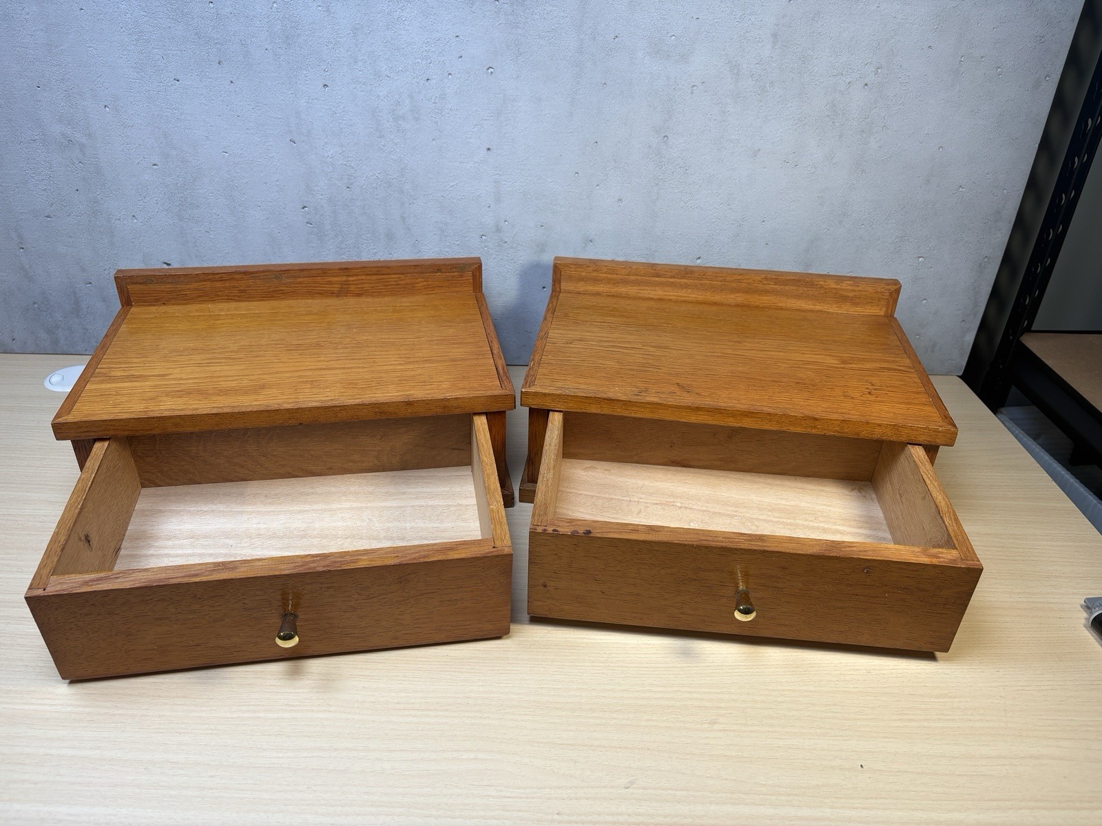 2 Vintage Scandinavian-style wooden shelf small desk organizer Brass Knob Oak