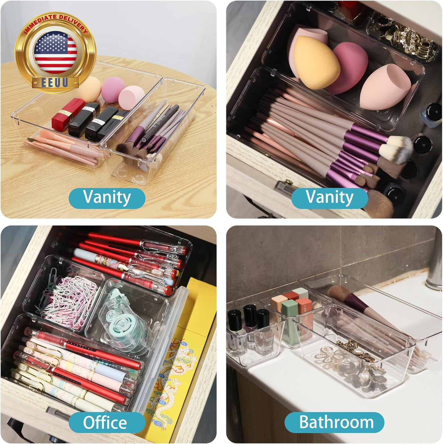 6 Pack Clear Drawer Organizer Set,Office Bin Desk Storage,Desk Drawer Storage Tr