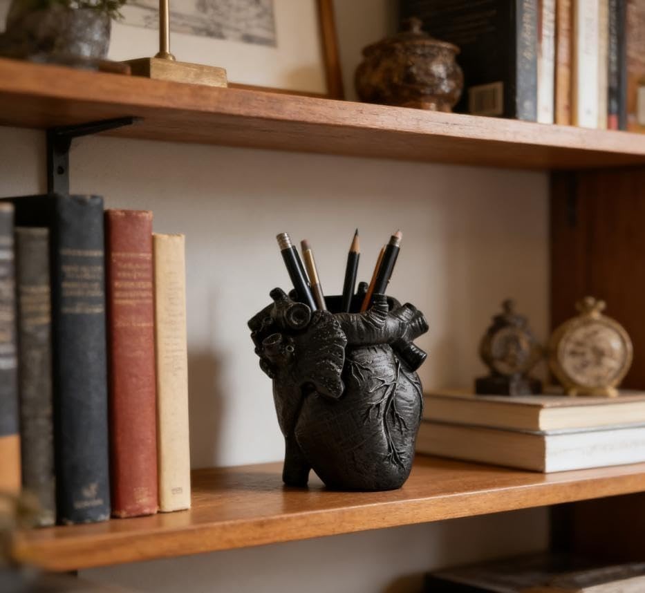 Heart-Shaped Pen Holder, 4.3″ x 3.74″ Human Heart Organ Shape Pen Holder, Gothic