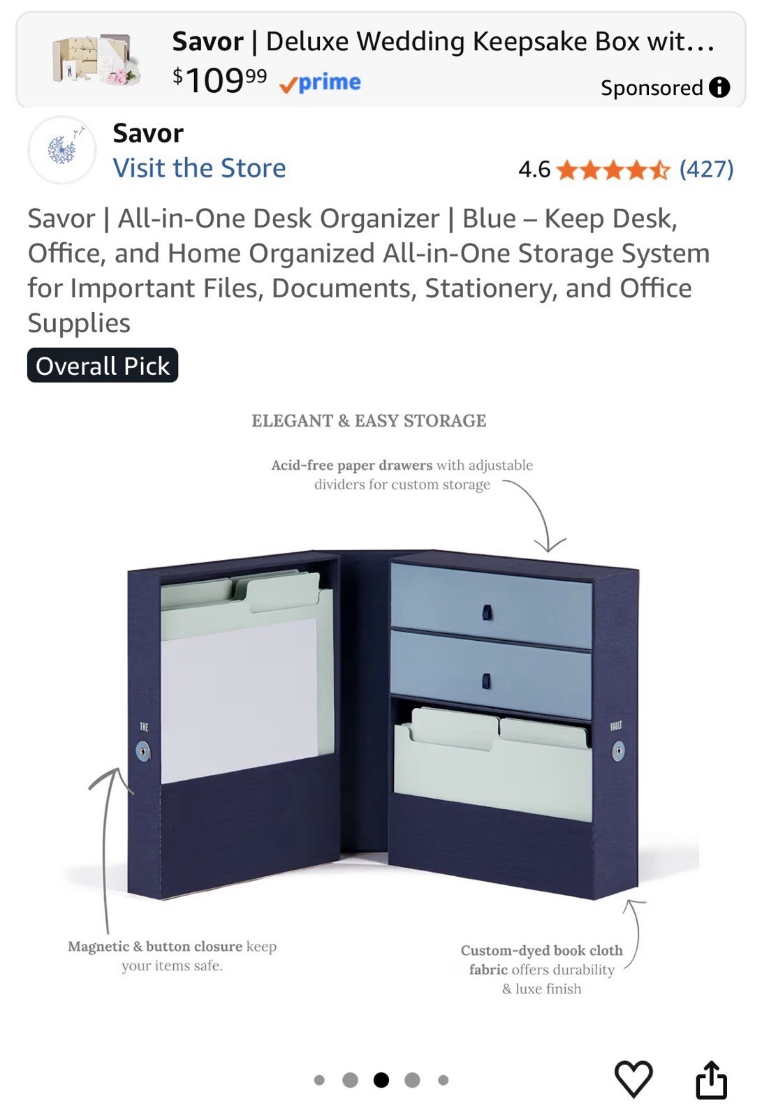 Savor All-in-One Desk Vault Organizer Storage Box Blue -Drawers Files Labels NEW