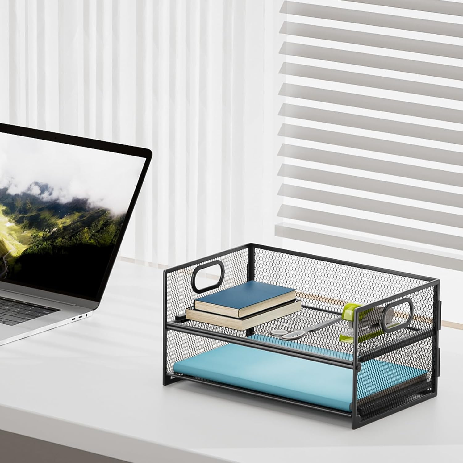 Marbrasse 2 Tier Paper Organizer Letter Tray, Mesh File Organizer with Handle, P