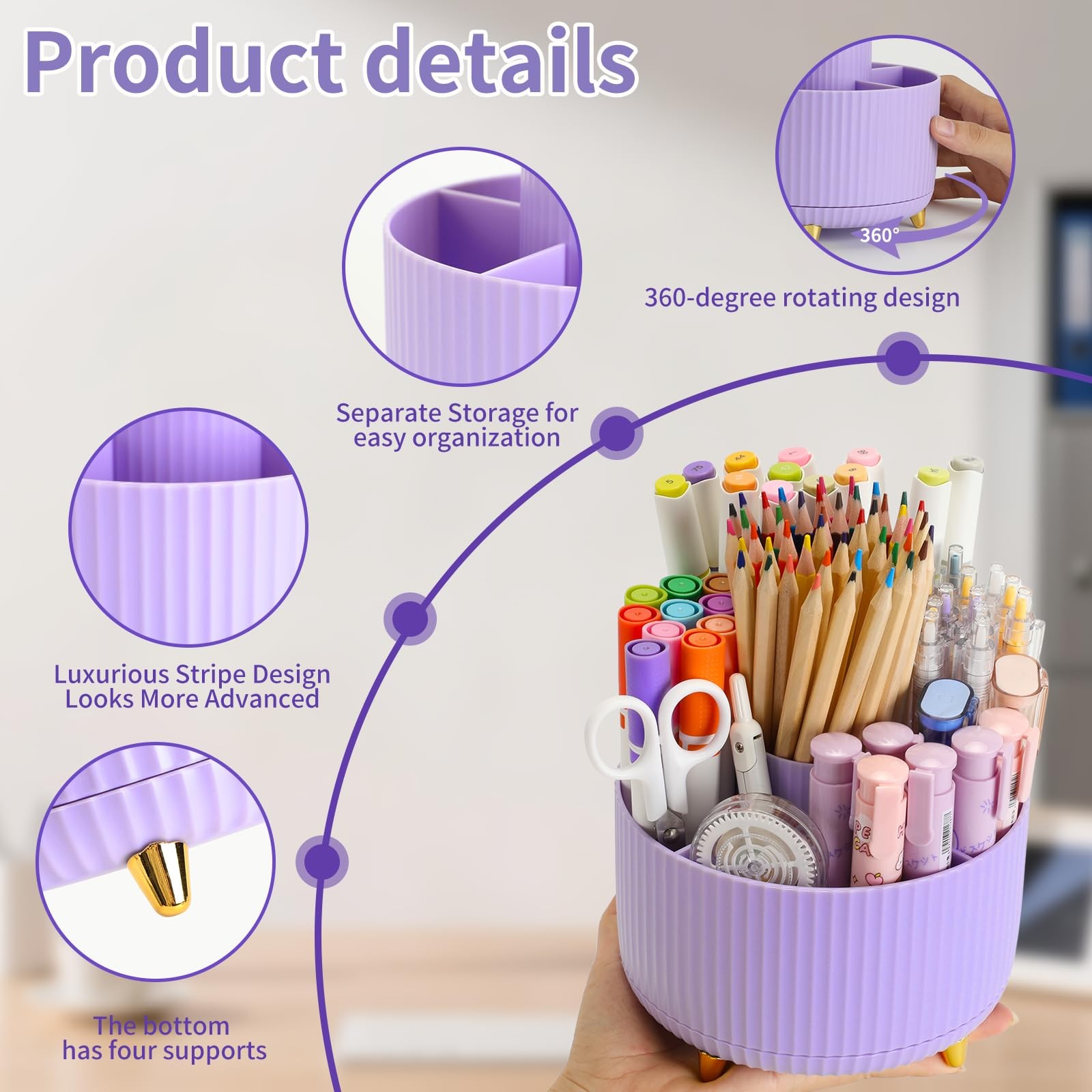 Camelmother 360°Rotating Pen&Pencil Holder For Desk With 5Slots Cute Office