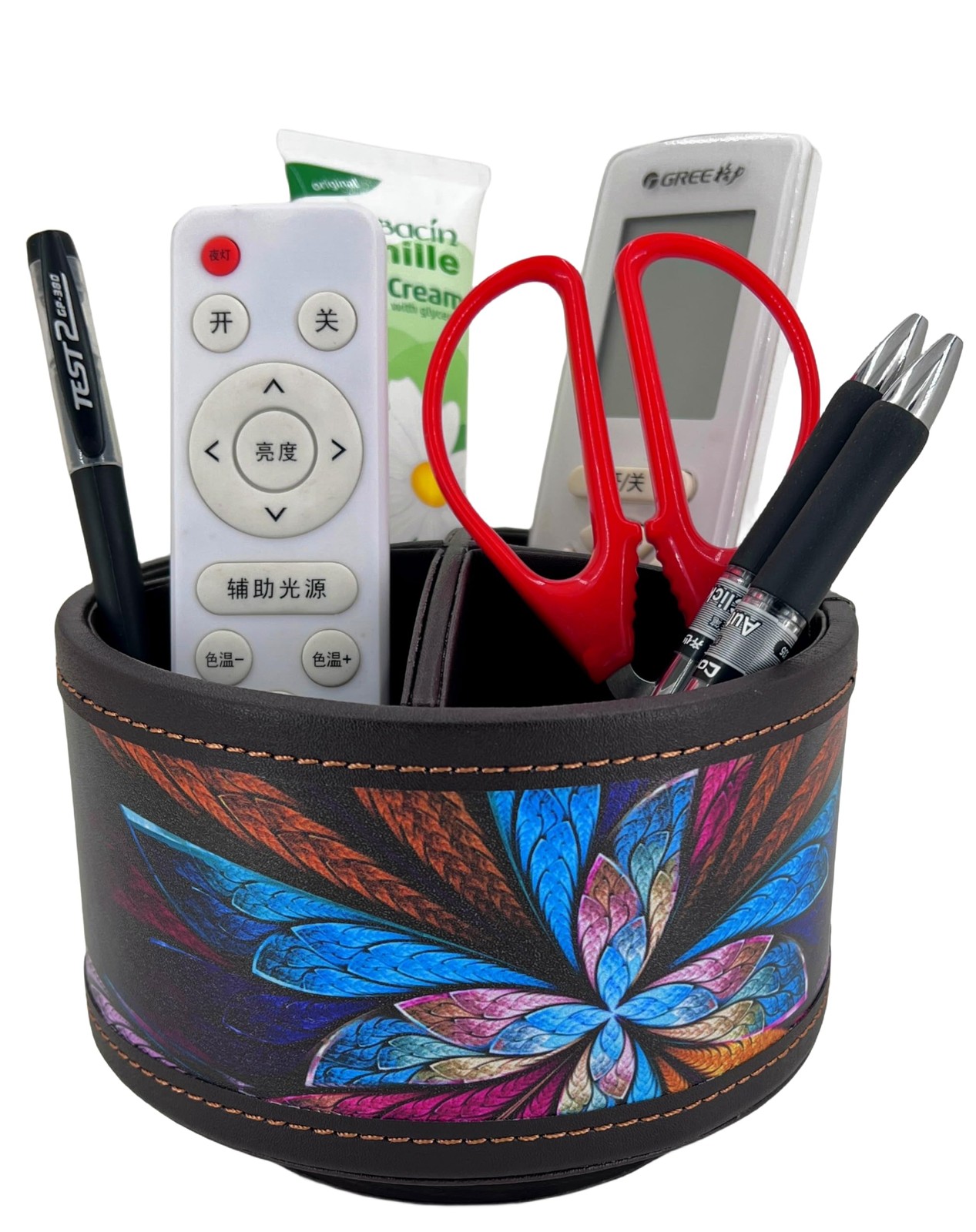 PU Leather Round TV Remote Control Holder for Table,360° Swivel Office Supply…