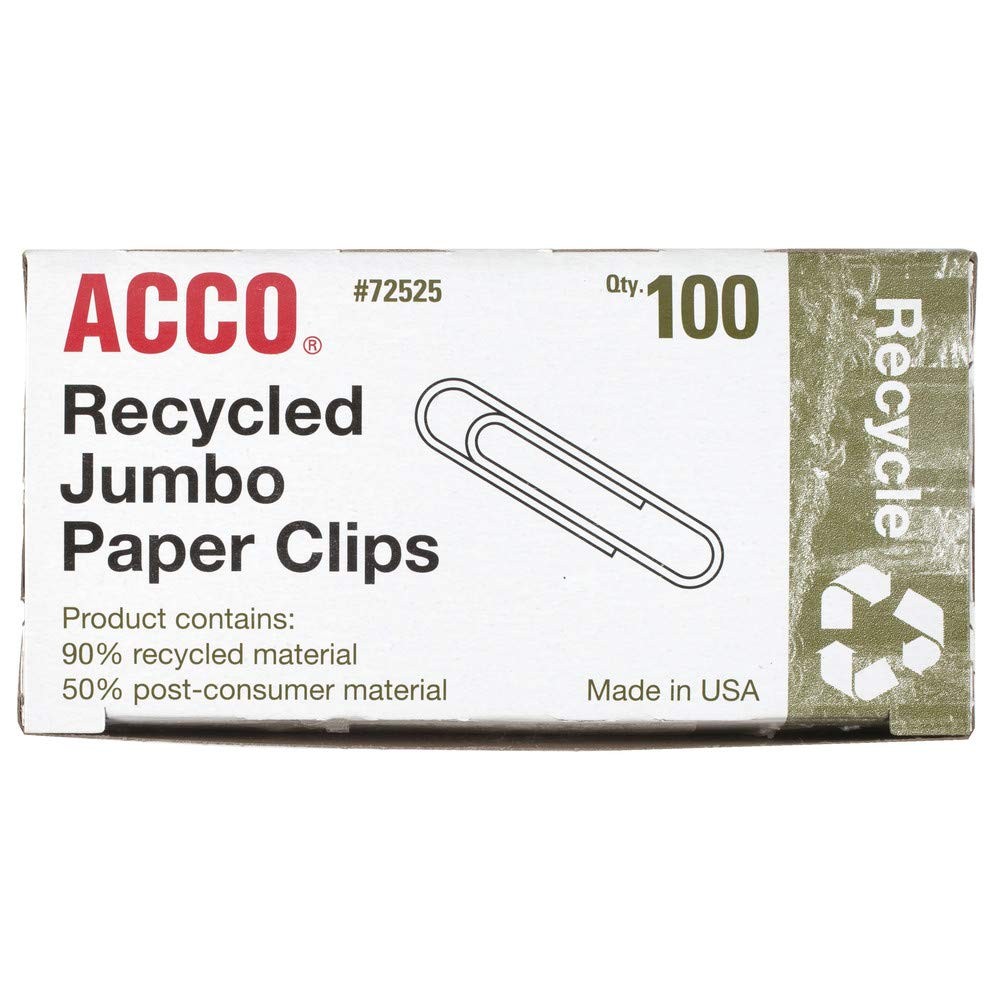 ACCO Recycled Paper Clips, Jumbo, 100/Box, 10 Boxes/Pack Silver