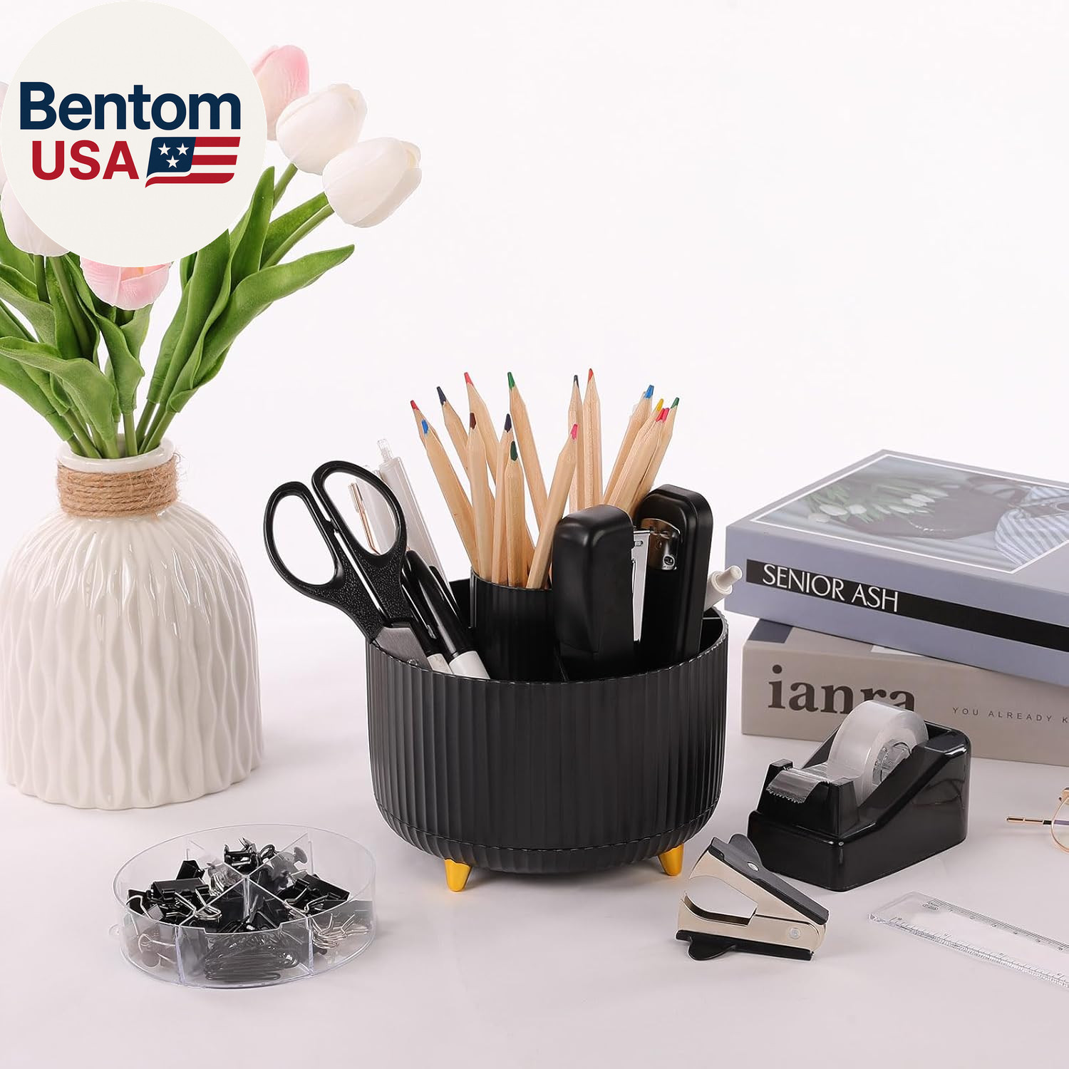 Black Office Supplies, Black Office Desk Accessories 10PCS, Pencil Holder for De
