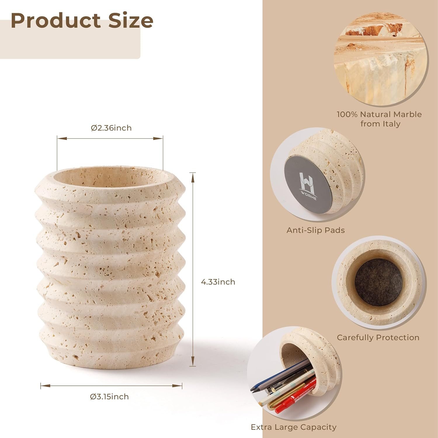 Pen Holder Stand for Desk, Natural Travertine Stone Makeup Brush Holders, Modern