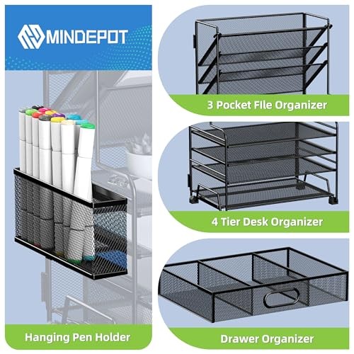 MINDEPOT 4-Tier Desk Organizer with File Holder, Drawer & Pen Holders – Black