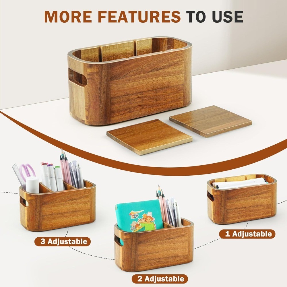 Acacia Pencil Pen Holder for Desk, Wooden Office Organizer with 3 Slots for