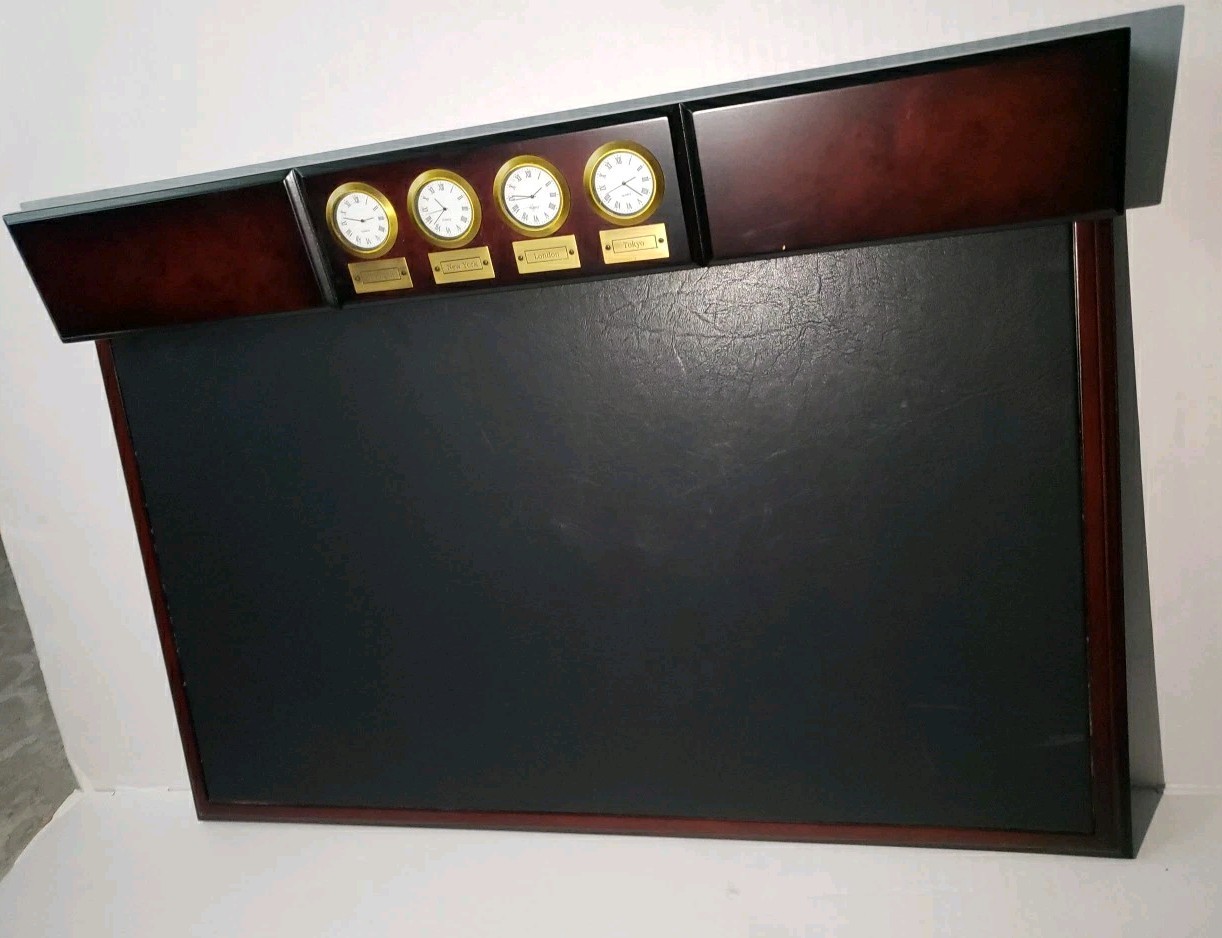 Rare Vtg Bombay Company Leather & Wood Executive Desk World 4 Clock Pad Blotter