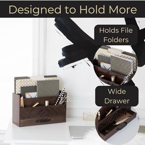 Brown Wood Desk Organizer with Drawer – Bill Storage Organizer and Sorter for…