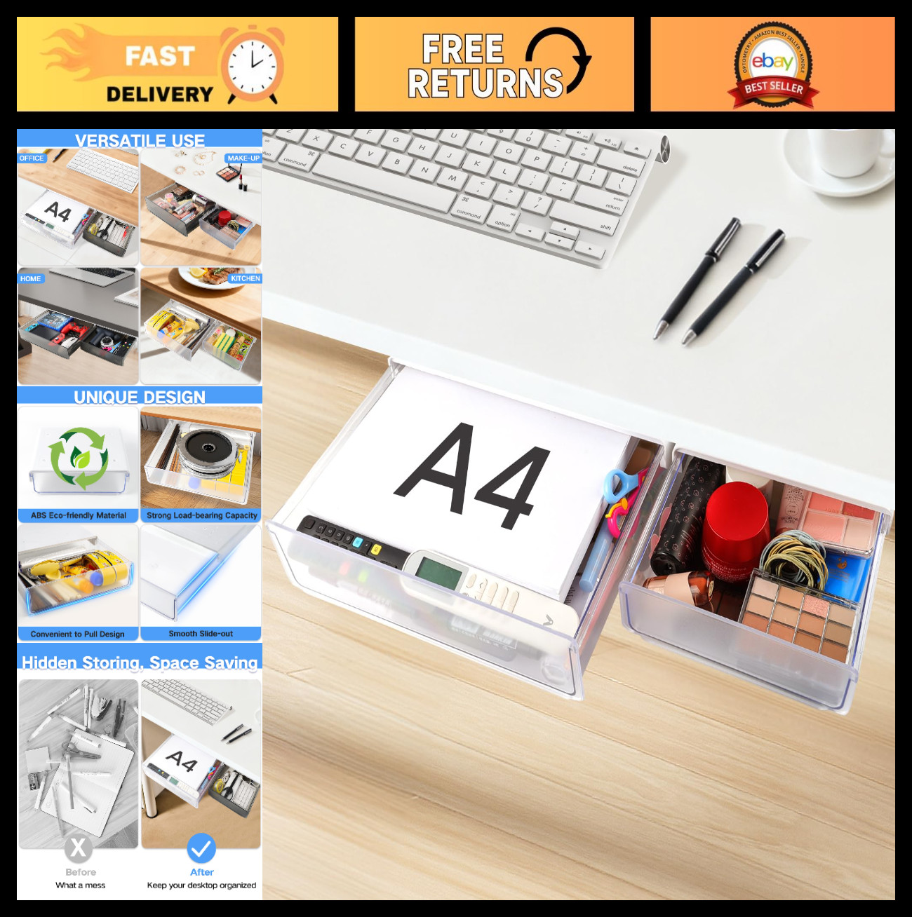 Under Desk Drawer Organizer 2 Pack – Self-Adhesive Slide Out Storage Trays for O