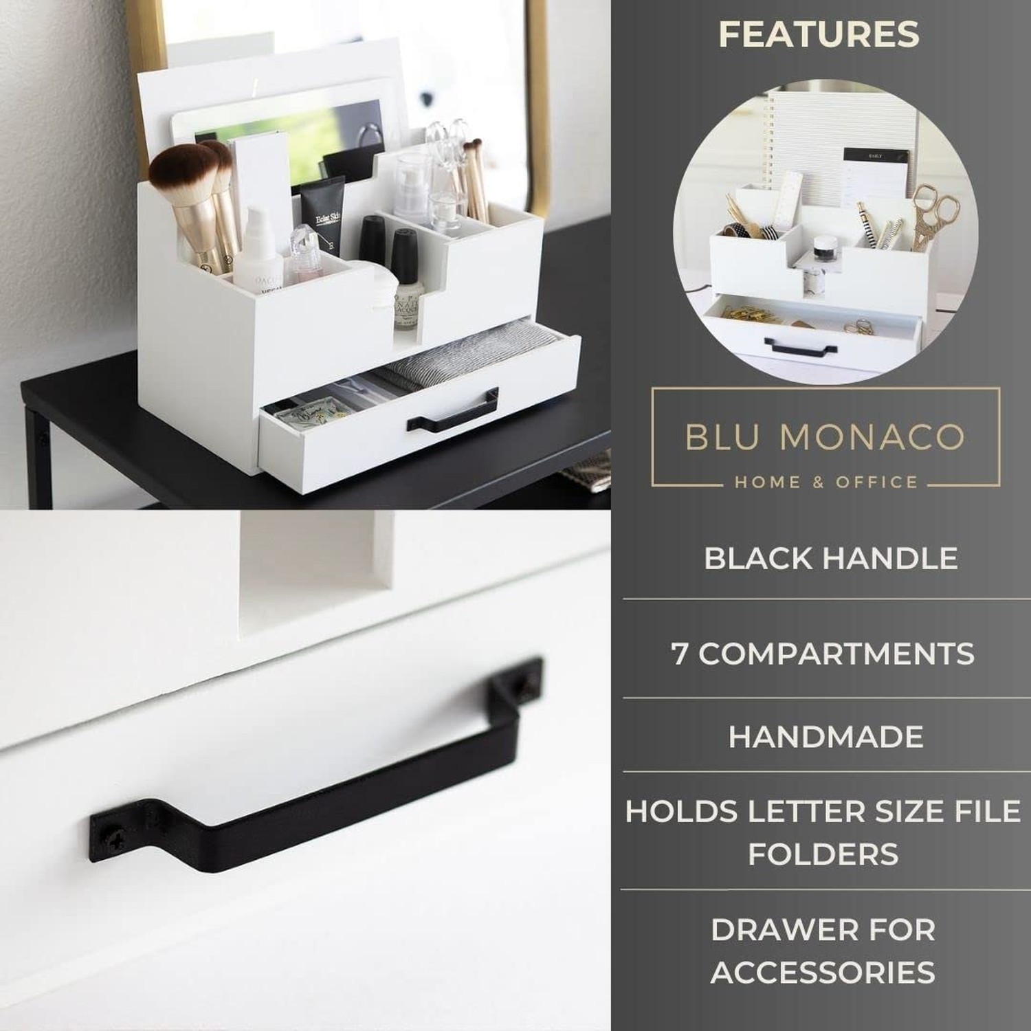 BLU MONACO White Wood Desk Organizer with Drawer – Home Office Accessories fo…