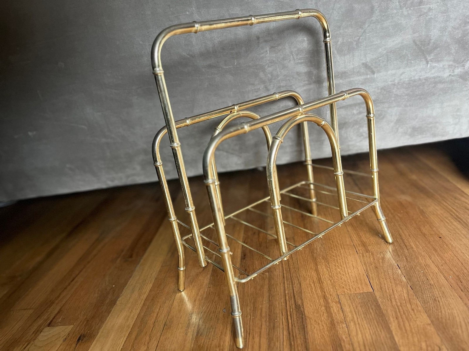 Vtg. Mcm Brass Tone Gold Metal Bamboo Magazine Holder Rack