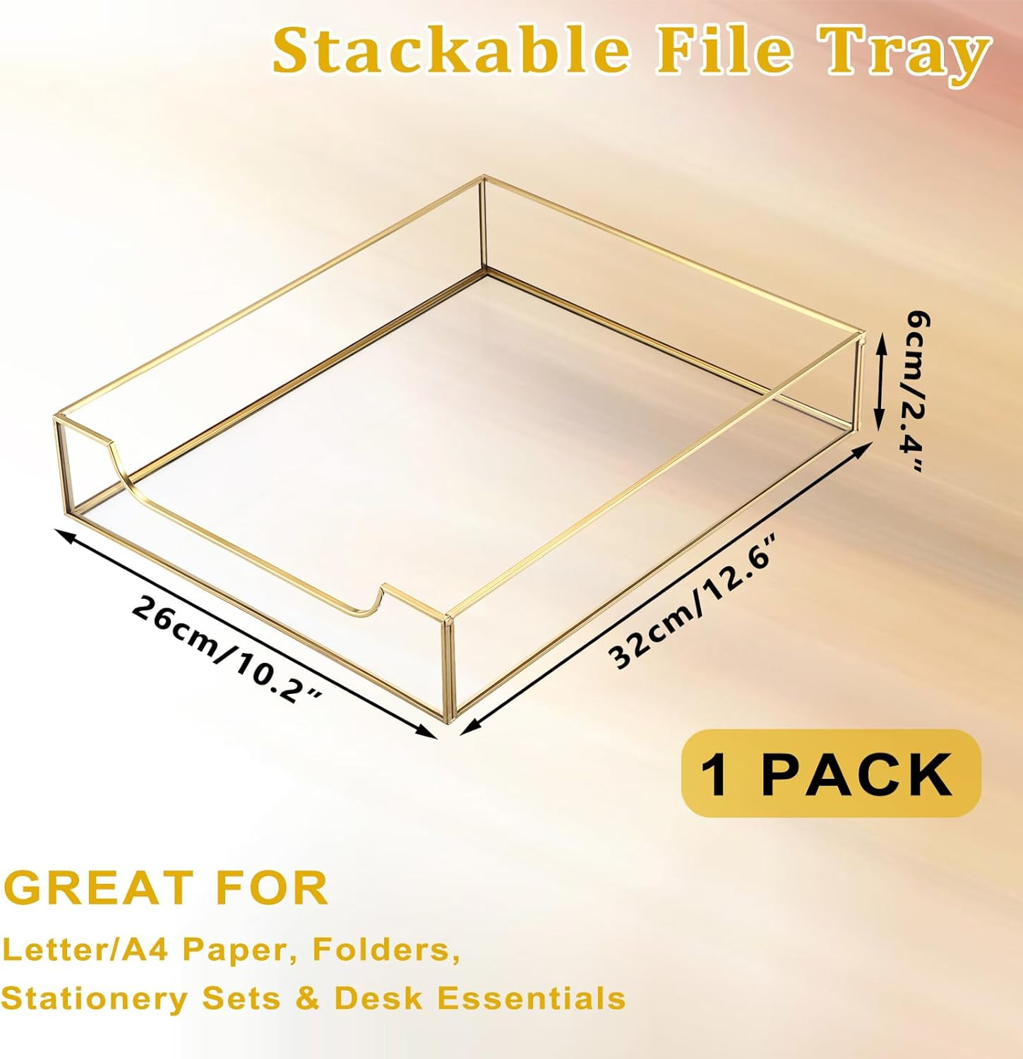 1 Pack Golden Glass Desk Tray, Multi-Purpose Organizer for A4 Paper, Documents,