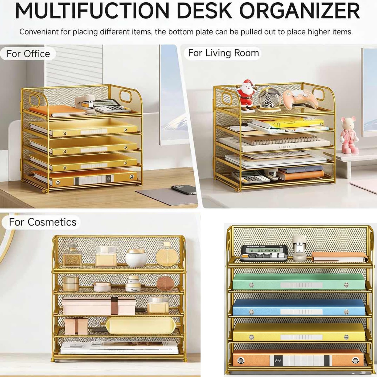 Lavatino Desk Paper Organizer Trays, Gold 5-Tier Mesh File Folder Sorter with
