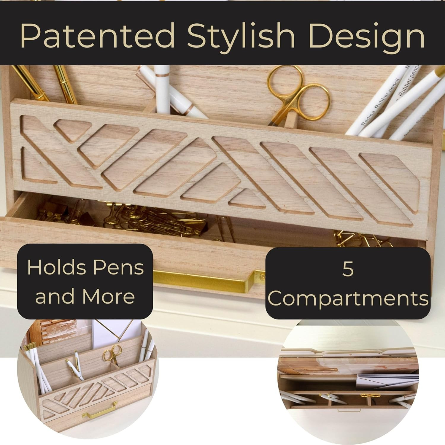 | Wooden Mail Organizer with Drawer and Gold Handle | Outgoing Mail Holder and L