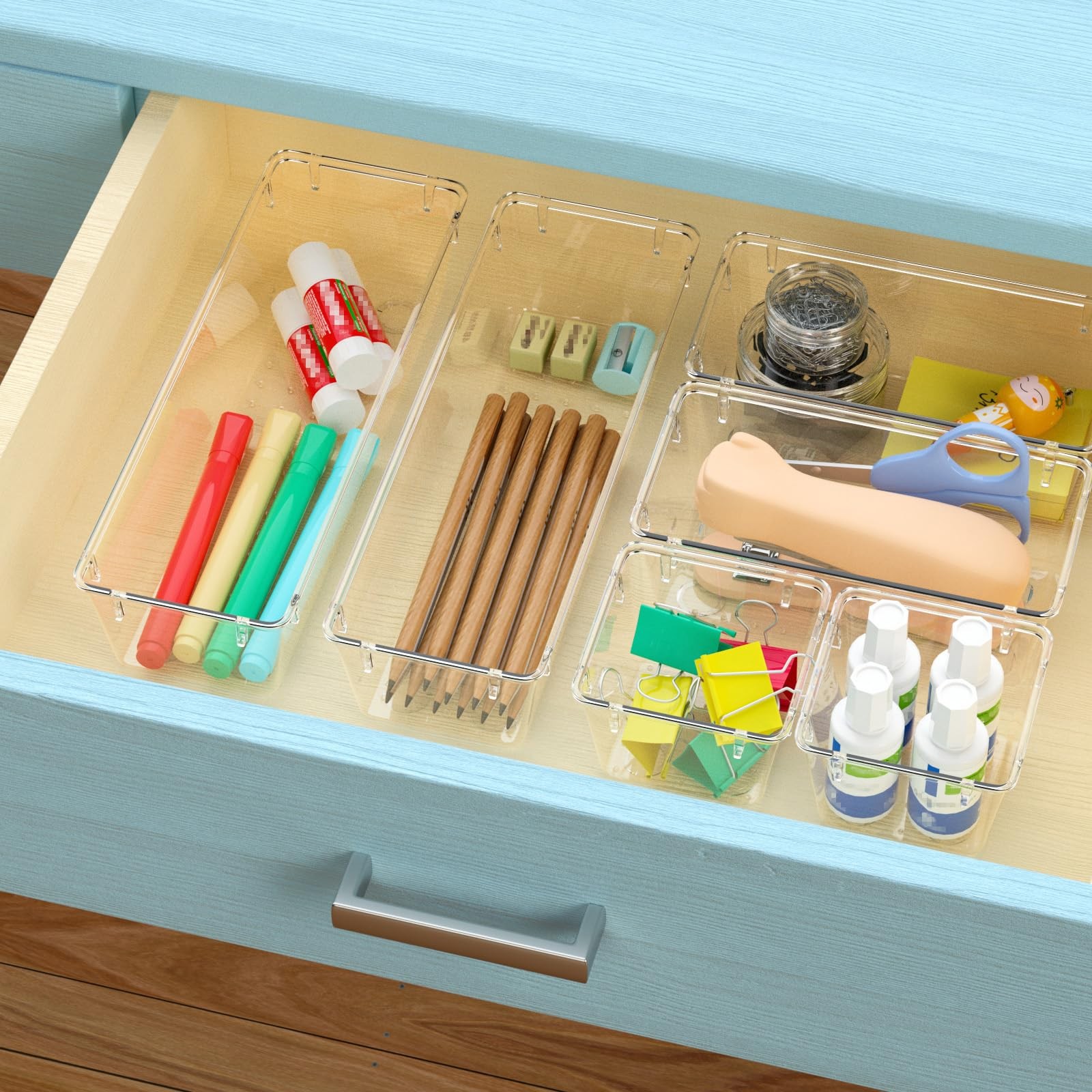 6 Pack Clear Acrylic Drawer Organizer Trays for Makeup, Office, Utensils