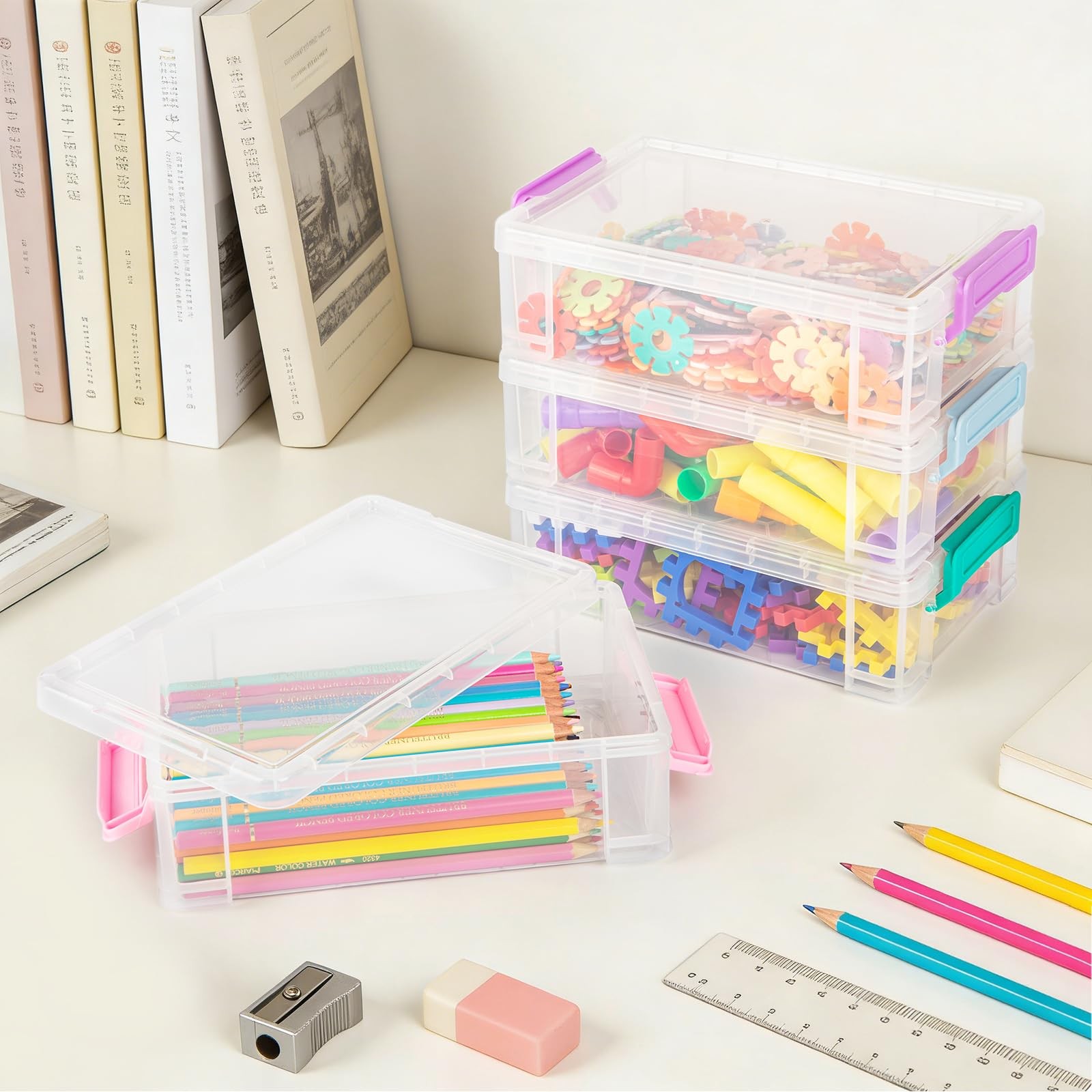 Extra Large Clear Pencil Box for Crayons, Markers, Art Supplies, Plastic Hard…