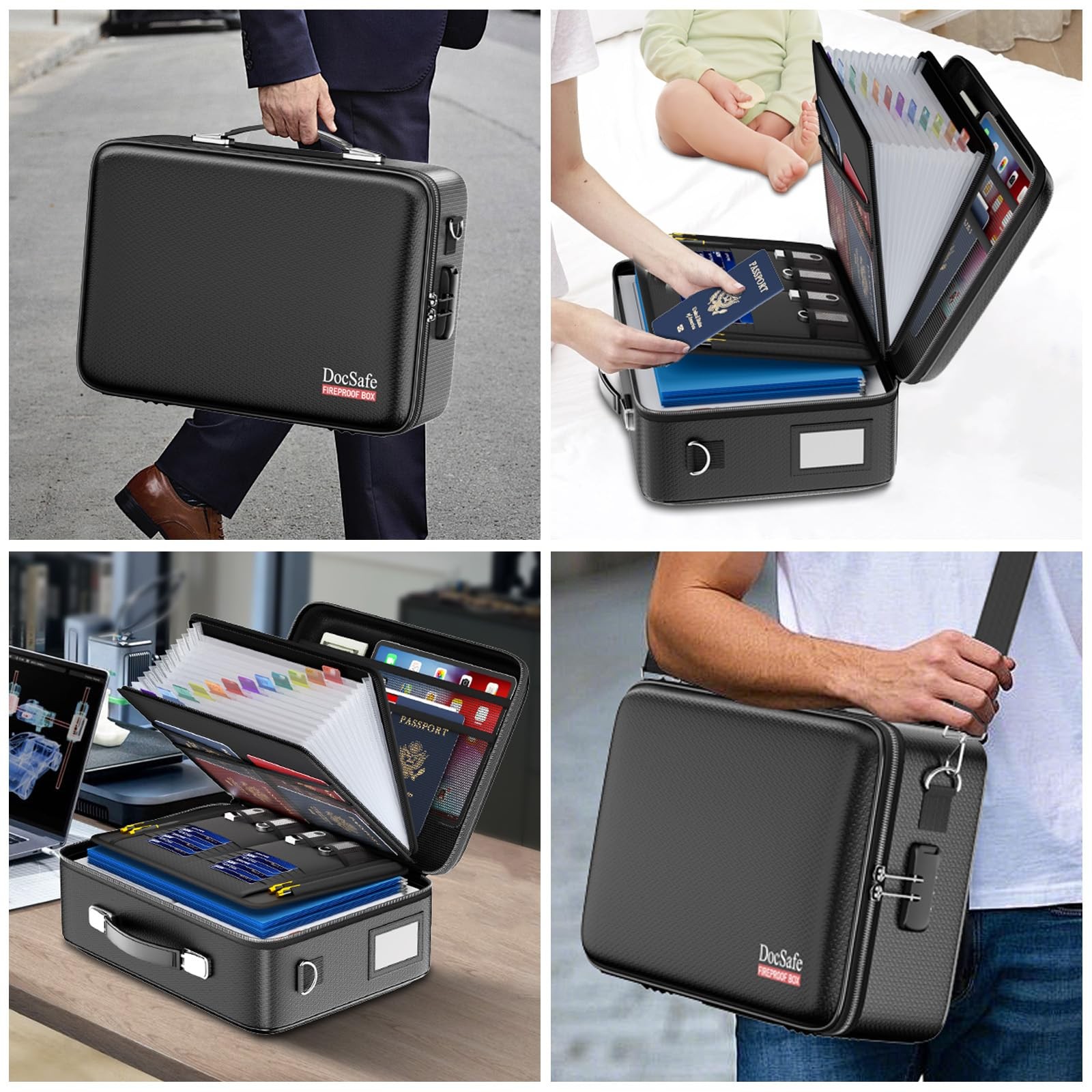 DocSafe Fireproof Document Box with Lock＆Shoulder Strap, Hard-Shell Black