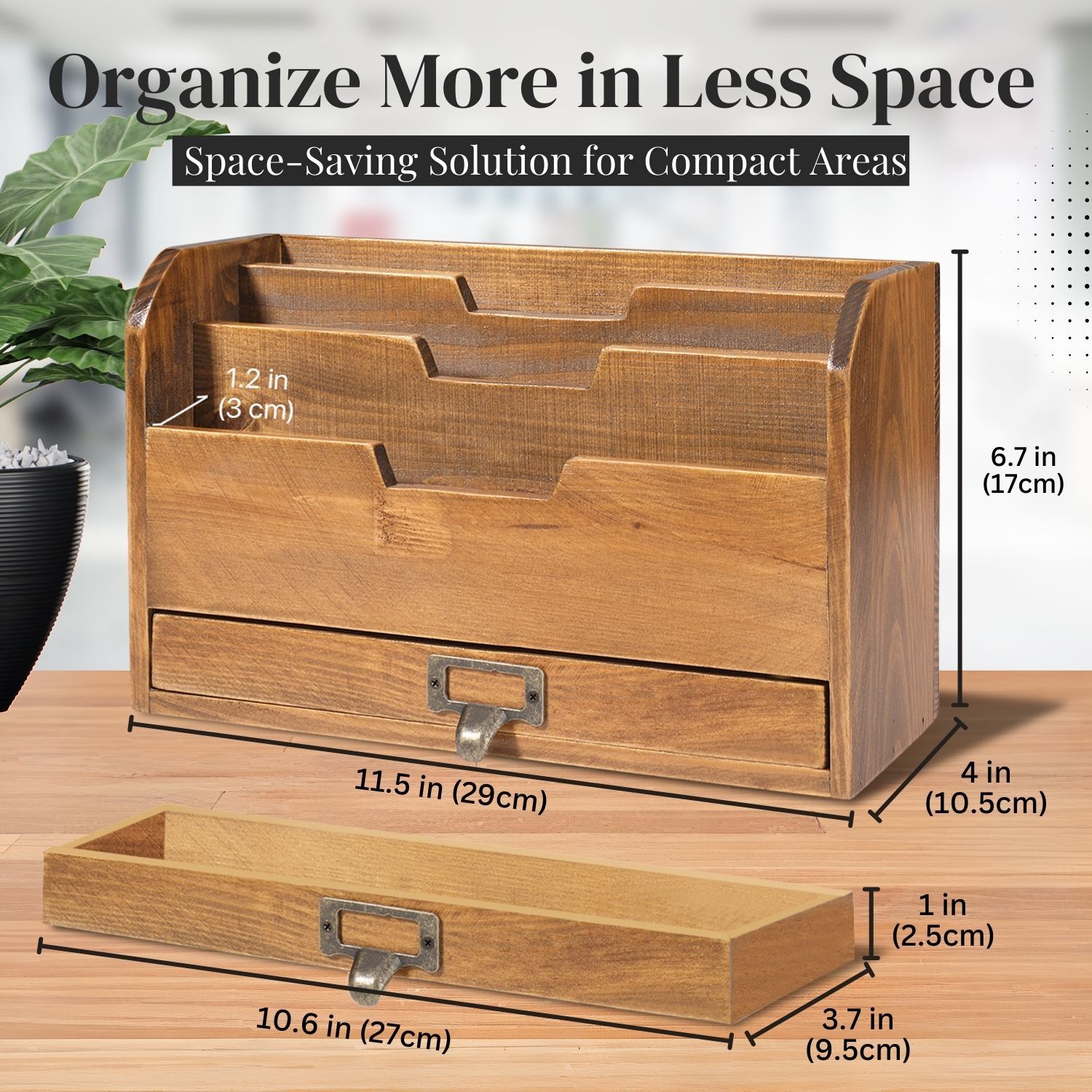 3 Tier Wooden Desk Organizer – Rustic Slot Sorter Shelf Holder with Drawer