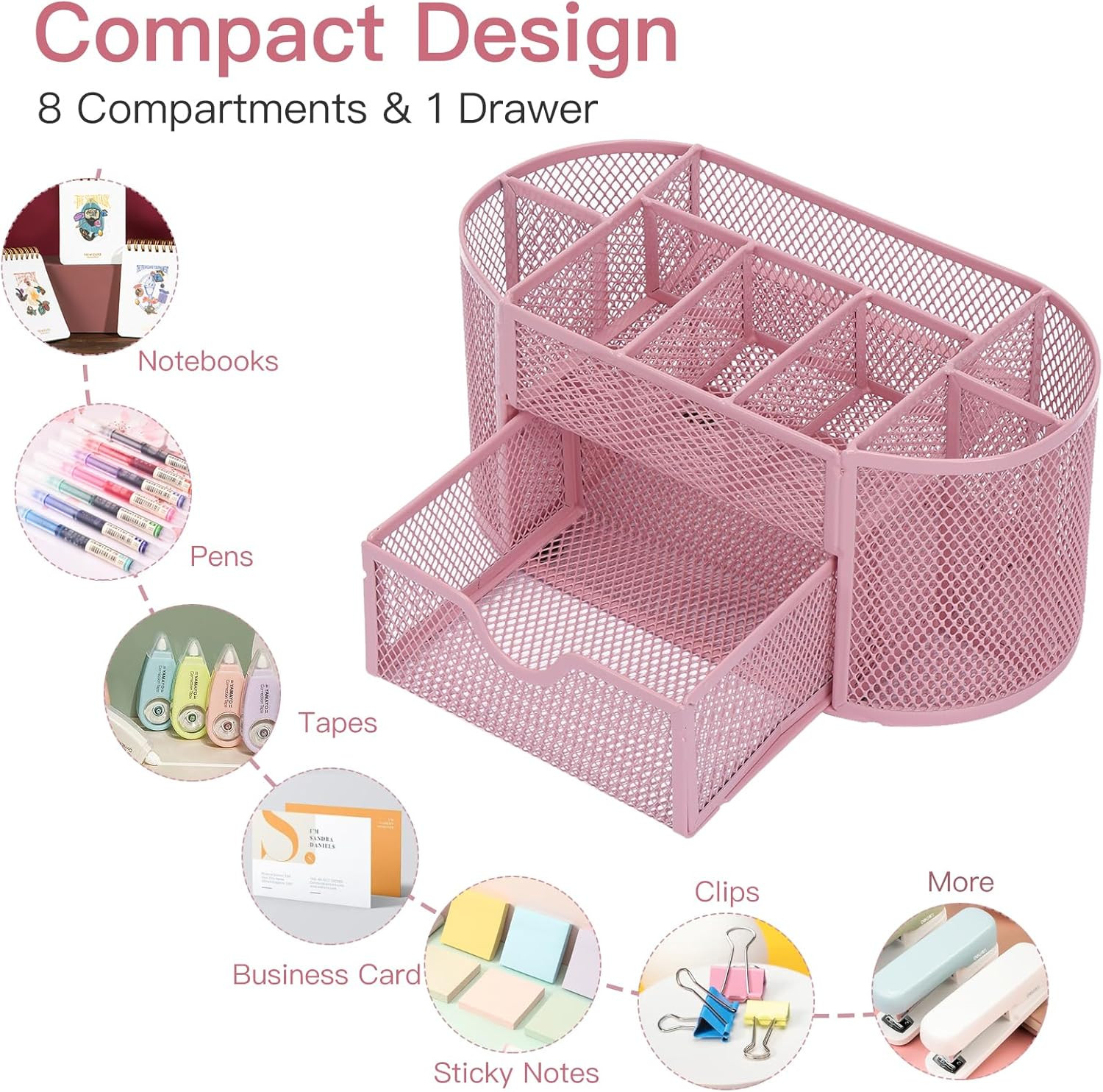 Pink Desk Organizer, Pen Holder for Desk and Accessories, Mesh Desk Organizer wi