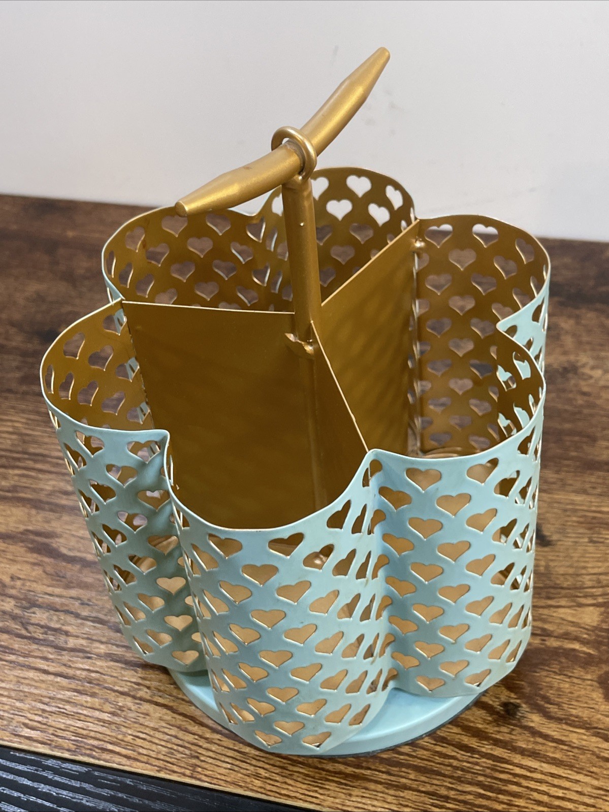 Heart Rotating Desk Organizer Caddy Turquoise Teal Gold Excellent Rare HTF