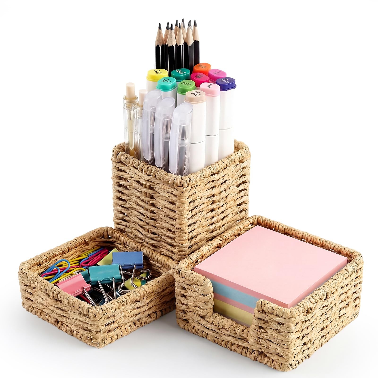 Khaki Paper Rope Woven Desk Organizer Set of 3 Natural Desktop Accessories Pe…
