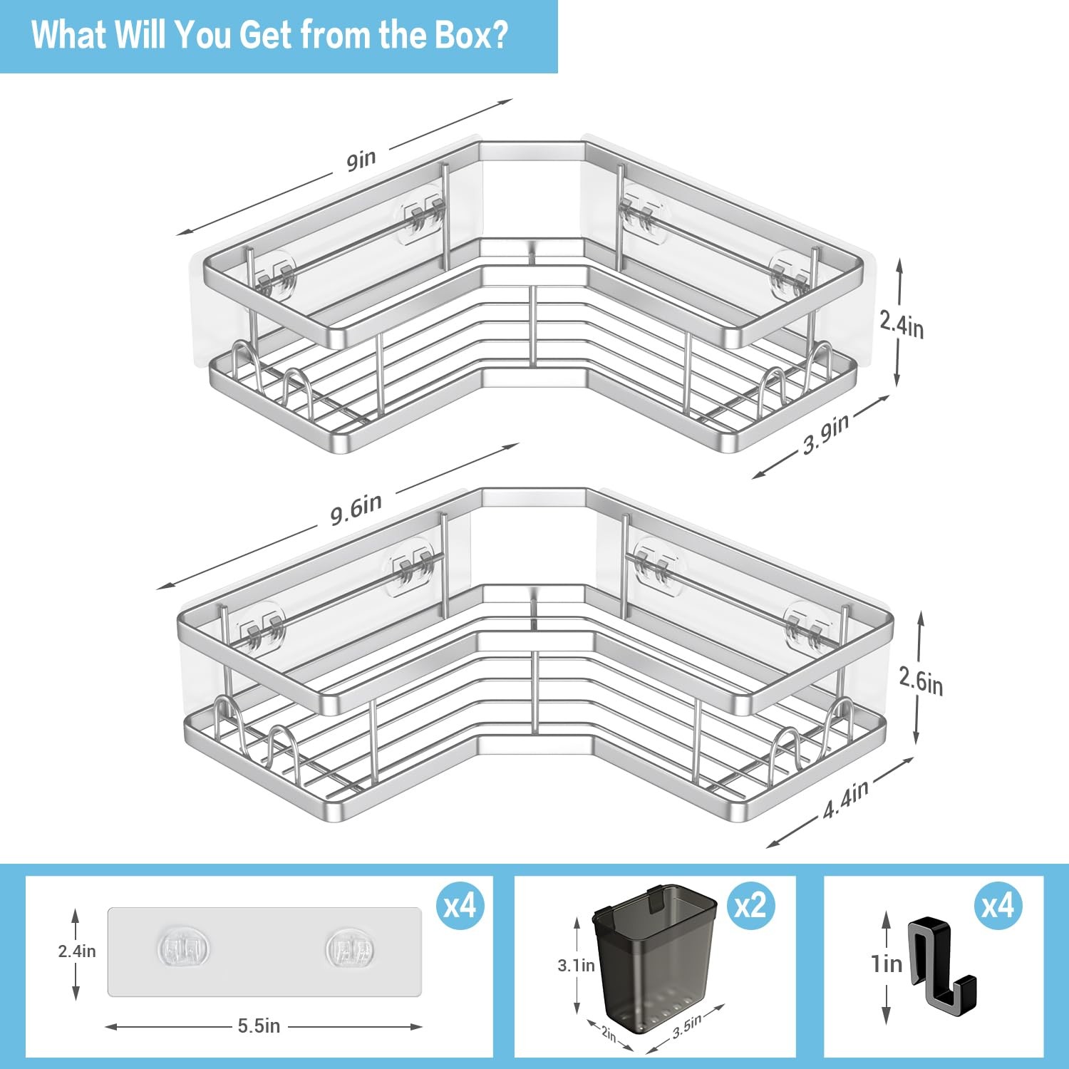 AKTECKE Corner Shower Caddy Shelf Rack: 2 Pack 9.6″×9.6″×2.6″, bright silver