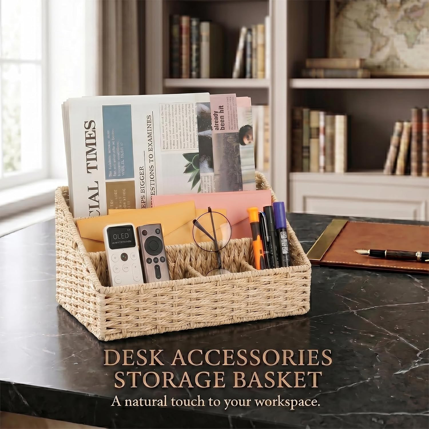 Rattan Mail Organizer – Countertop, Desk, Bills, Woven Basket, Magazine Holder
