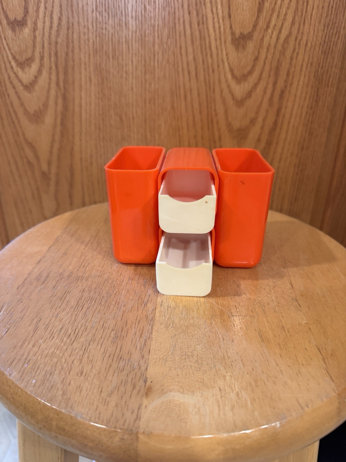 Vintage MCM HOF Desk Organizer Space Age Pencil Holders Orange Plastic