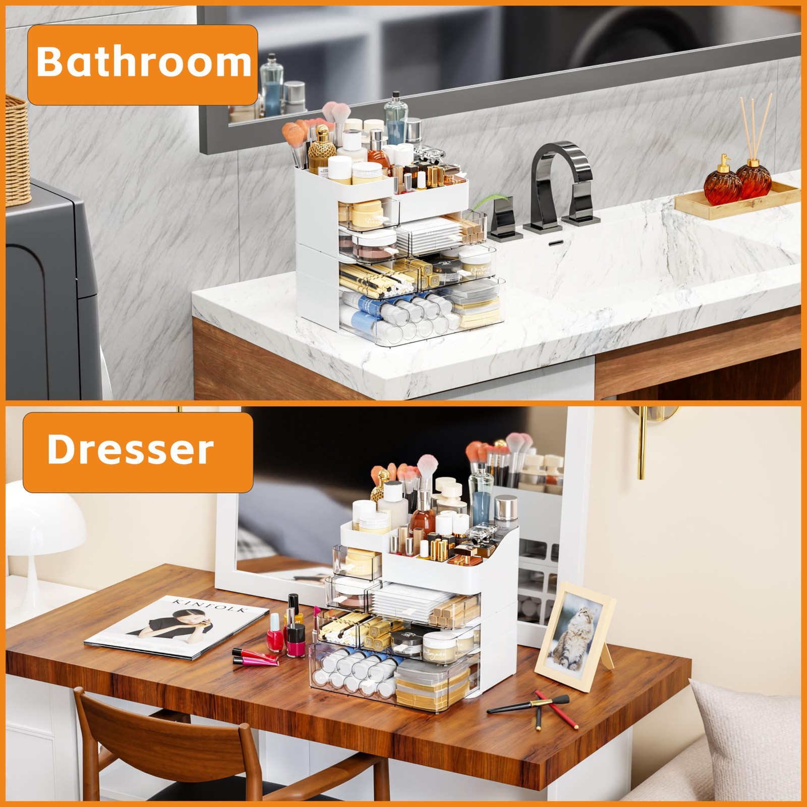 White Countertop Makeup Organizer with 6 Drawers,Large Large-6 Drawers,