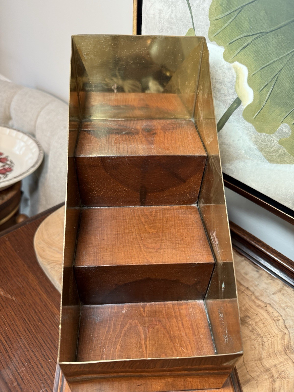 Vintage Brass & Wood Desk Organizer Display Mid-Century Office Decor Heavy