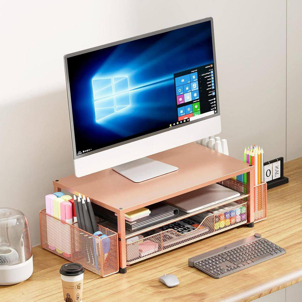 Gold 15.5 In. X 6.3 In. Metal Modern Desk Organizers with Drawer and 2 Pen Holde