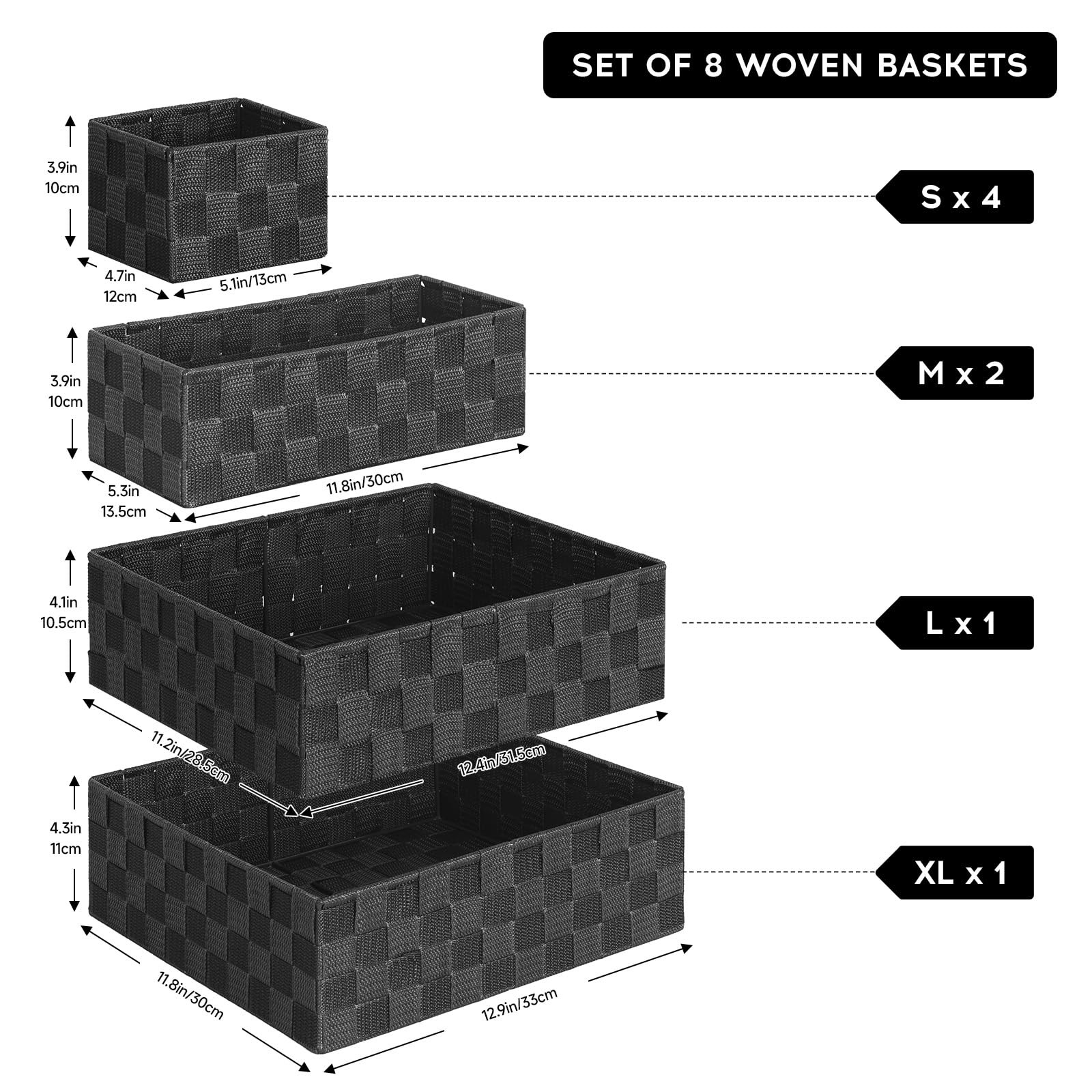 Woven Storage Baskets Set of 8, Cube Bins for Pantry, Office & Shelves
