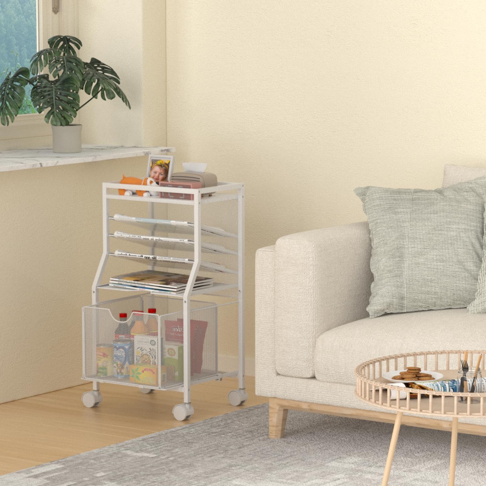 Rolling File Cart 6Tier Desk Organizer Lockable Wheels White Wood Planks