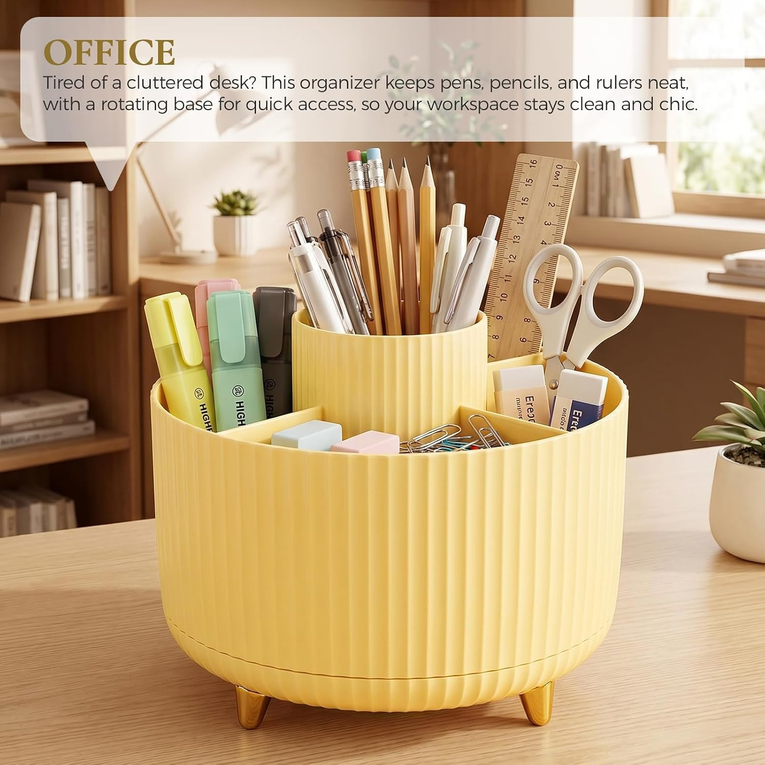 Pencil Pen Holder for Desk, 5 Slots 360-Degree Rotating Desktop Organizer, Cute
