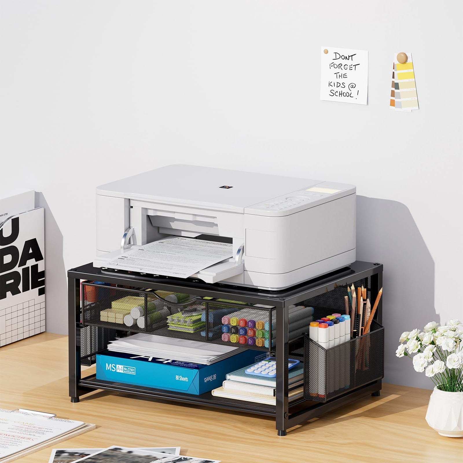 Marbrasse Metal Printer Stand for Desk with Storage Drawer and 2 Pen Black