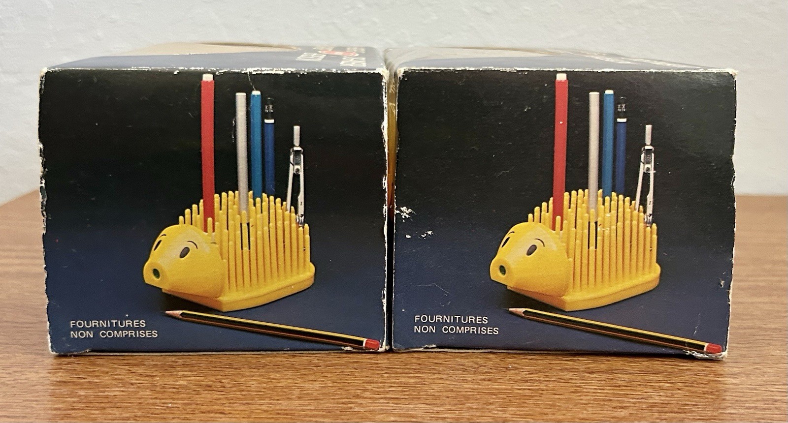 Lot of 2 VTG Hedgehog Pen Organizers w/ Pencil Sharpeners Yellow HK Vitasoy NOS