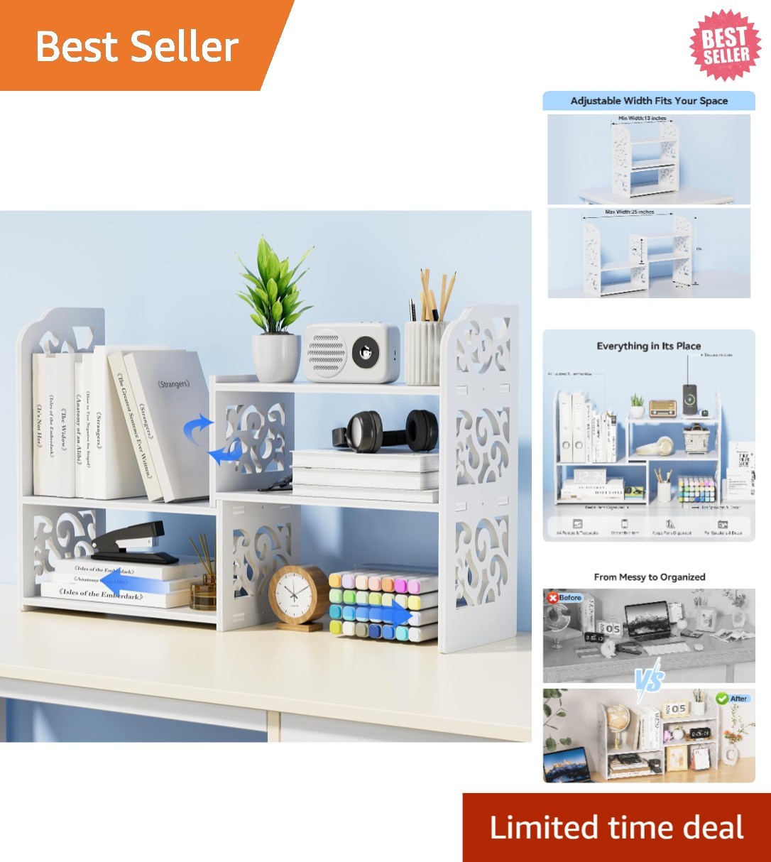 Adjustable 3-Tier Desk Organizer Shelf – Stylish White PVC Book Storage