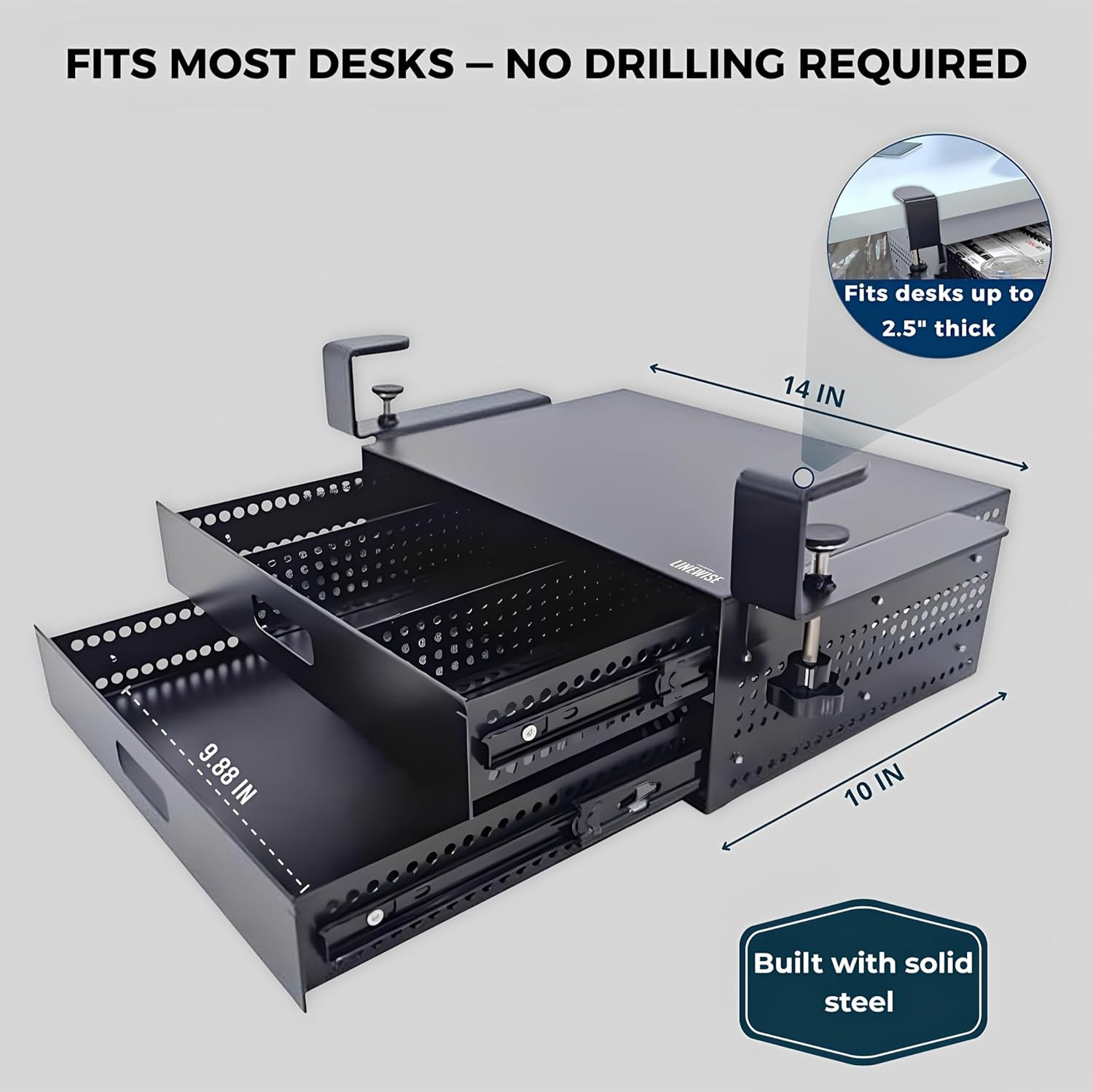 Under Desk Drawer – Clamp-On No-Drill Metal Organizer, Slide-Out Storage for Hom