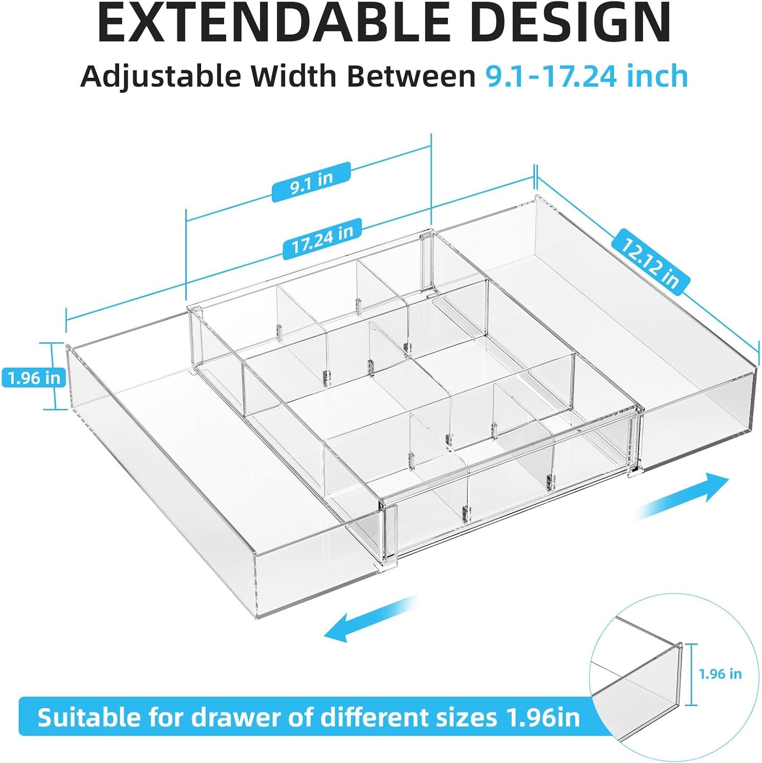 Expandable Desk Drawer Organizer, Clear Plastic Drawer Organizer Tray with 10