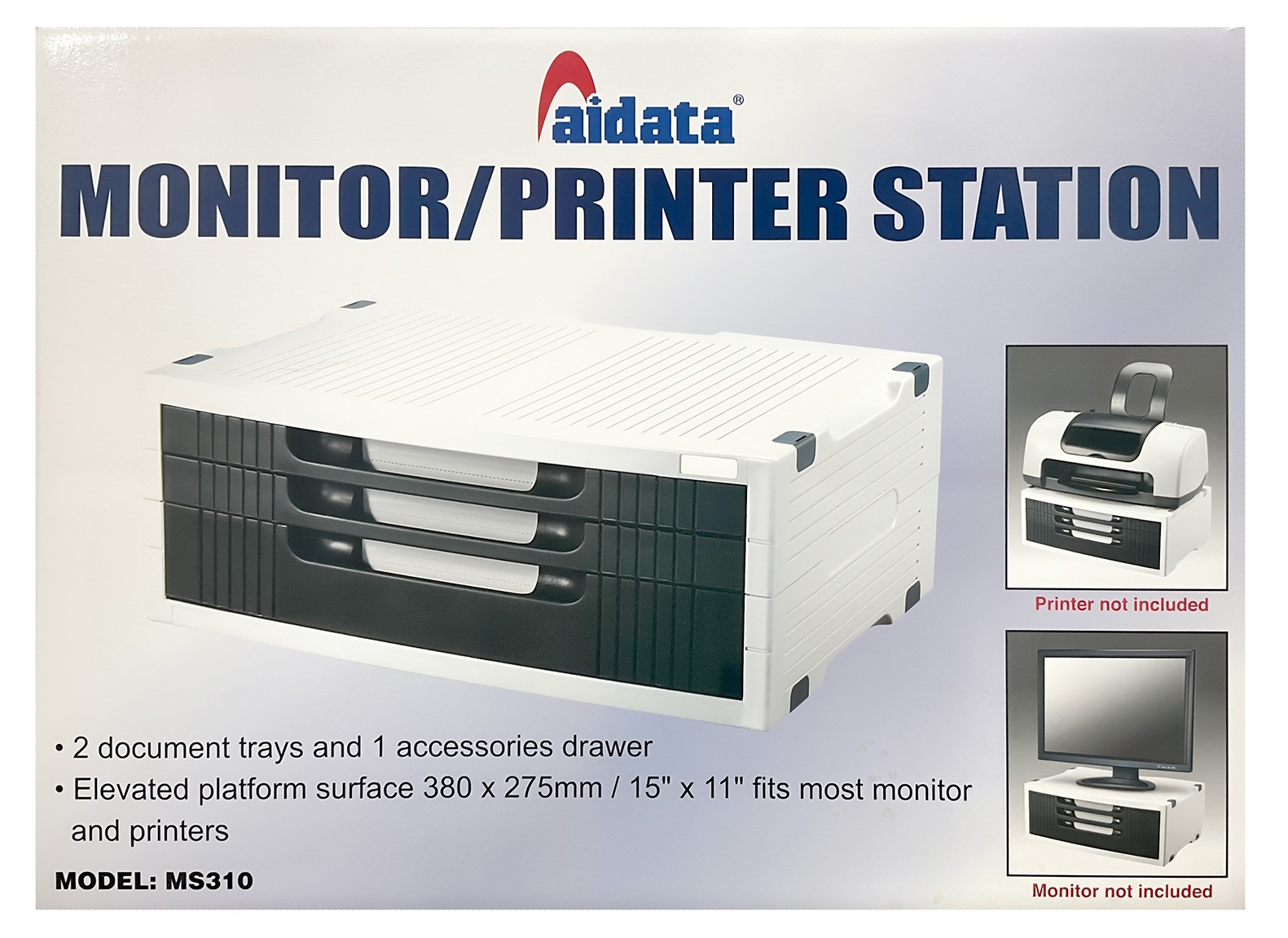 Aidata Monitor Printer Station Desk Organizer Stand 2 Trays 1 Drawer MS310