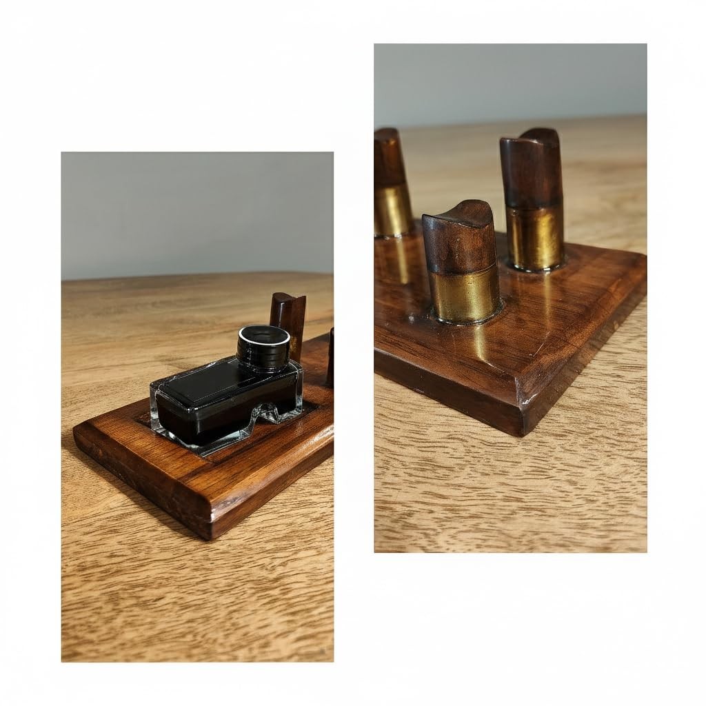 Luxury Wooden Desk Pen Stand with Ink Bottle Holder – Premium Executive Offic…