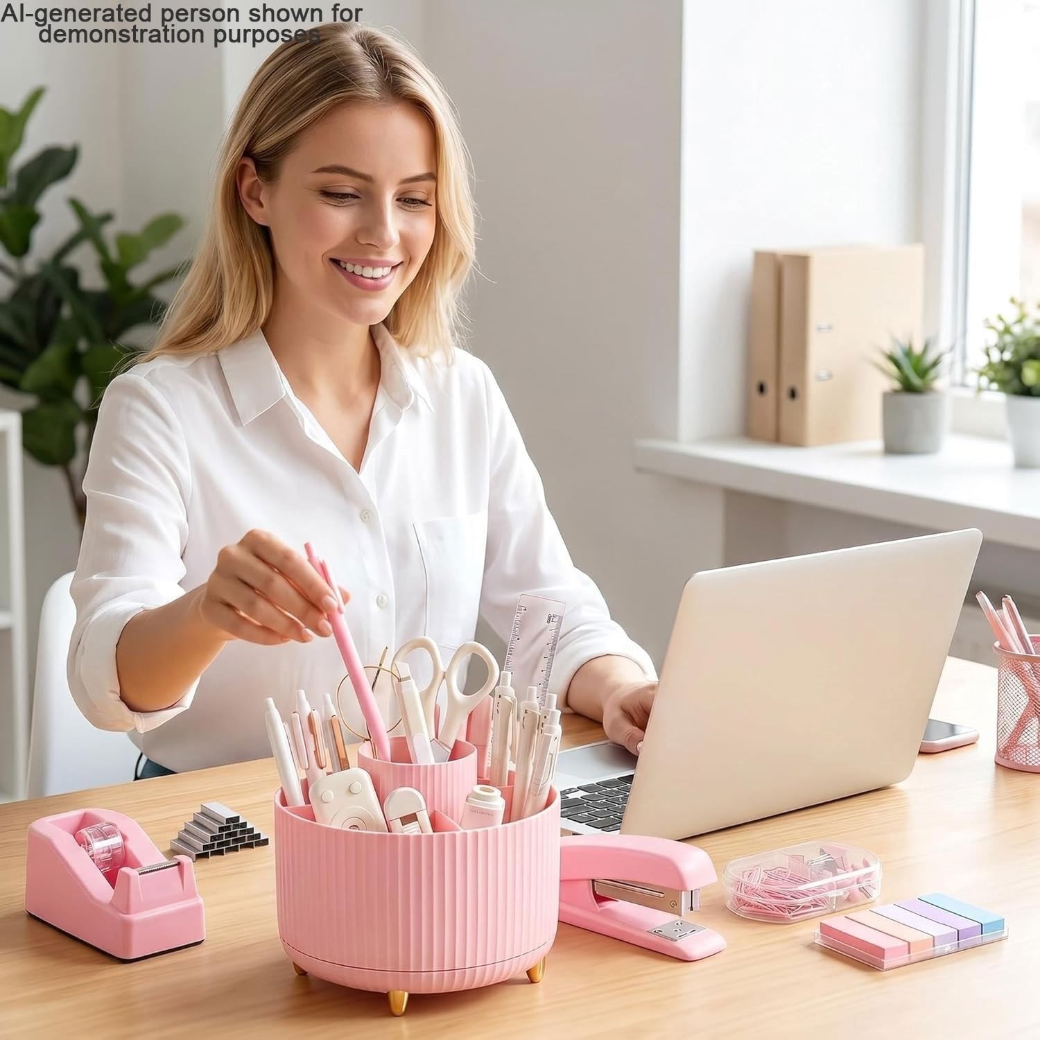 Office Supplies Set Rotating Pen Holder for Desk with Stapler Staple Tape Dis…