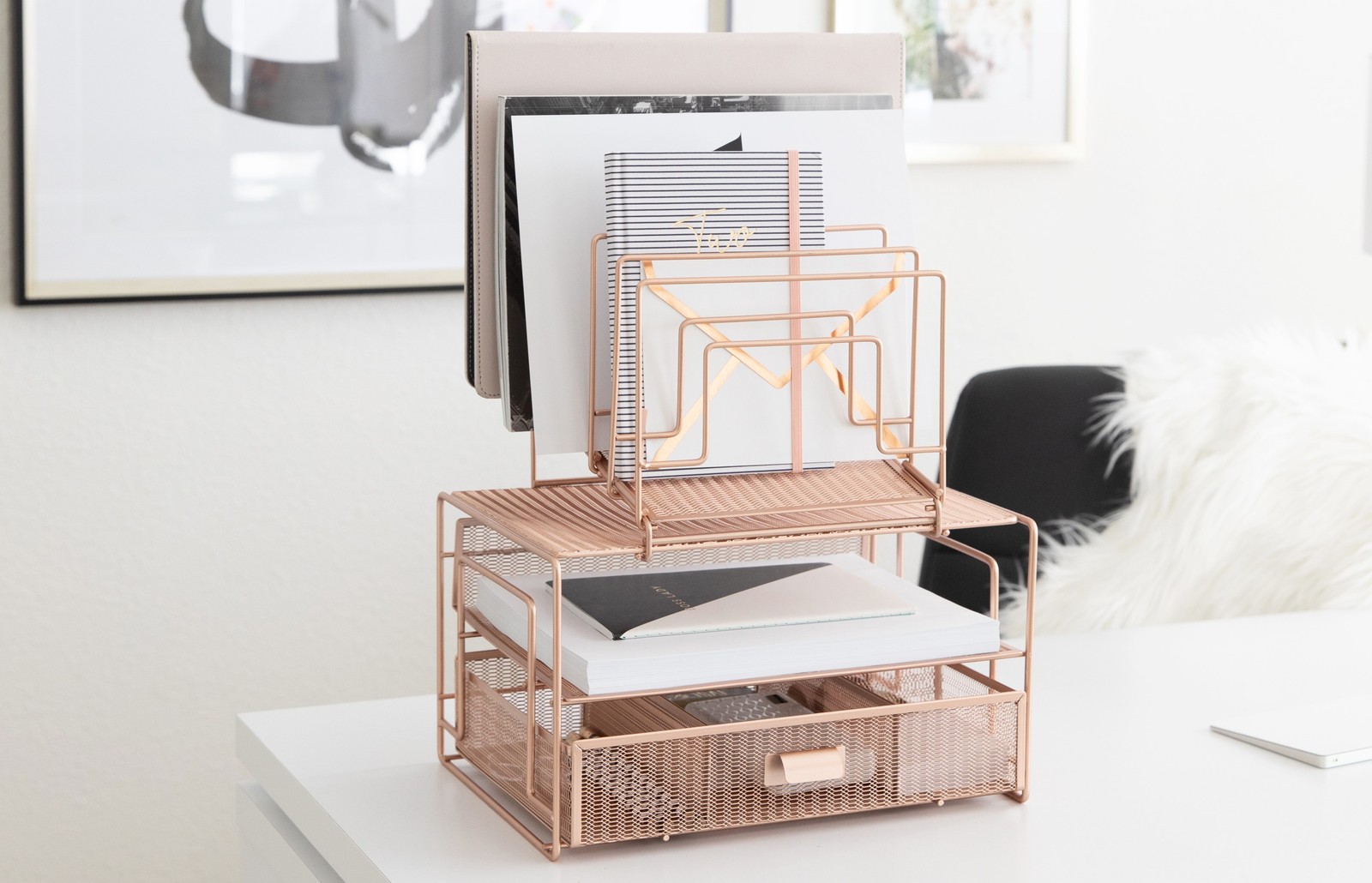 Workspace Rose Gold Desk Organizer and Accessories Desktop Rack with File sorter