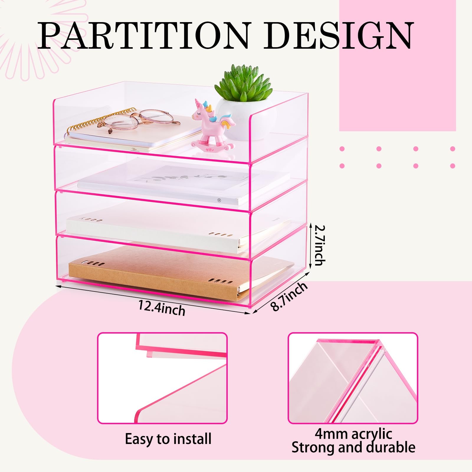 4 Tier Pink Acrylic Desk File Organizer Stackable Letter/A4 Paper Tray Home